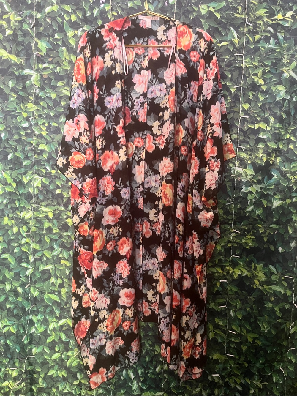 Forever 21 Black Floral Open Cardigan with Coral and Yellow Blooms